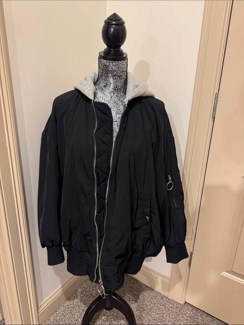 Zara Black Bomber Jacket with Gray Hooded Liner